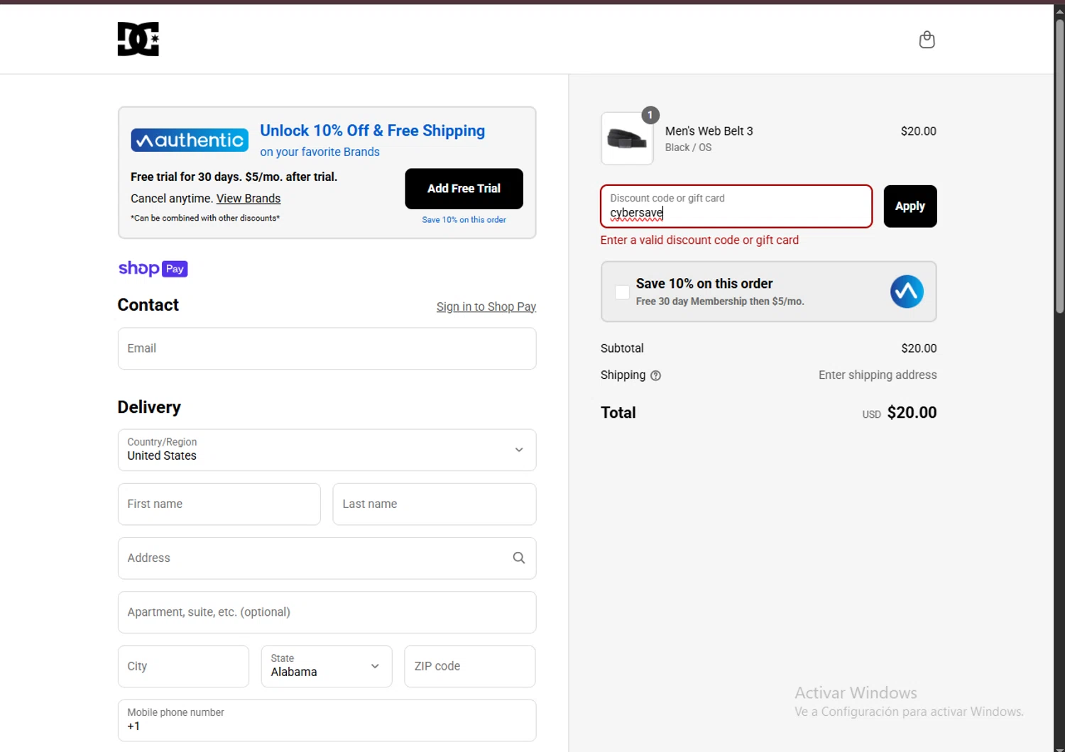 DC Shoes promo code screenshot showing code cybersave applied at DC Shoes checkout page. Uploaded by SimplyCodes community member WonderVirtuoso3484 on Aug 26, 2025