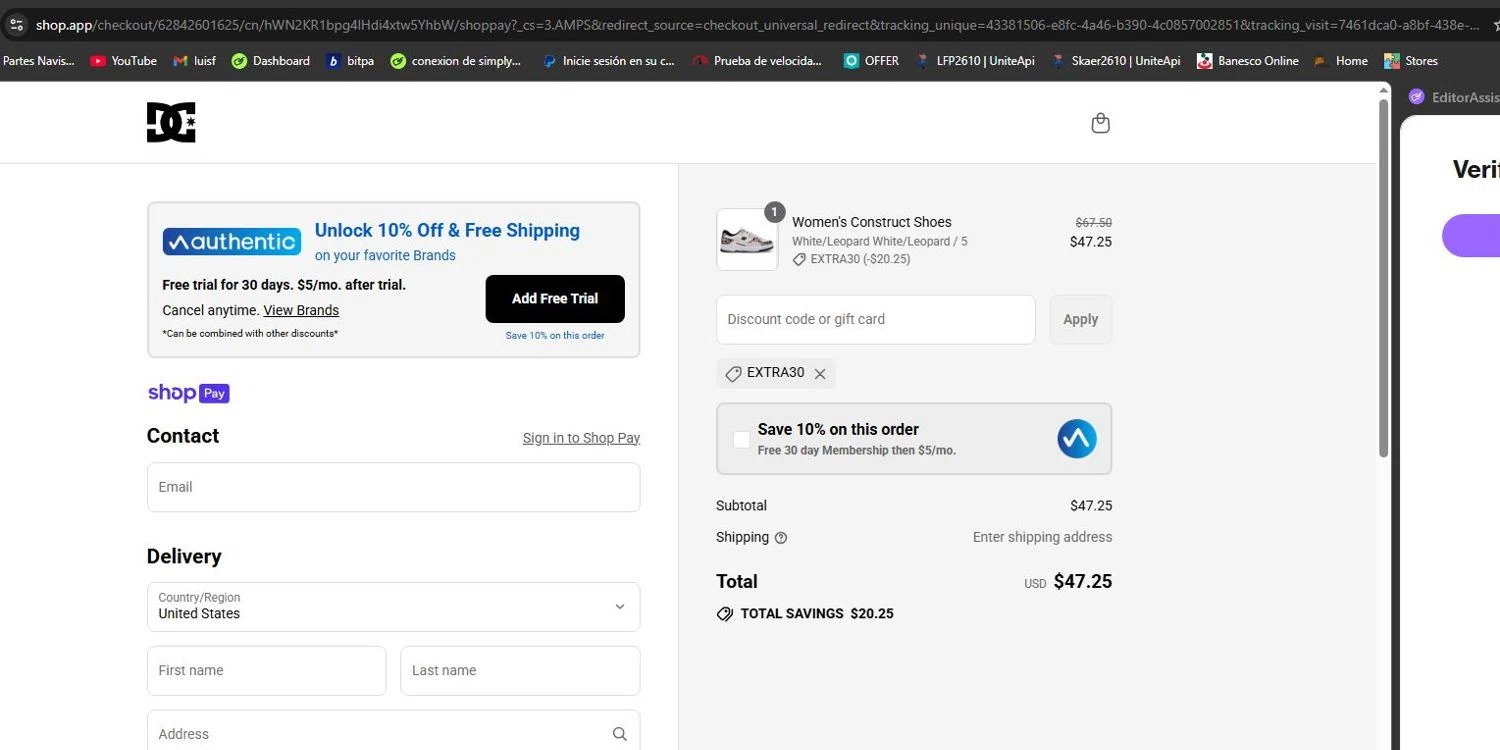 DC Shoes promo code screenshot showing code EXTRA30 applied at DC Shoes checkout page. Uploaded by SimplyCodes community member lfppernia on Aug 28, 2025
