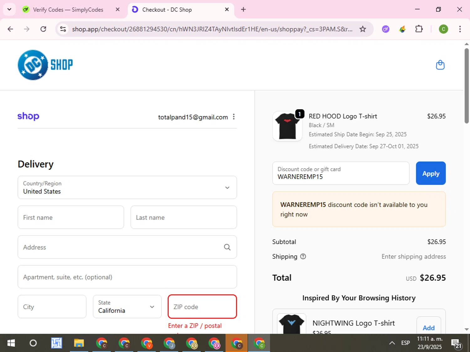 DC Shop discount code screenshot showing code WARNEREMP15 applied at DC Shop checkout page. Uploaded by SimplyCodes community member RoyalKnight4673 on Sep 23, 2025