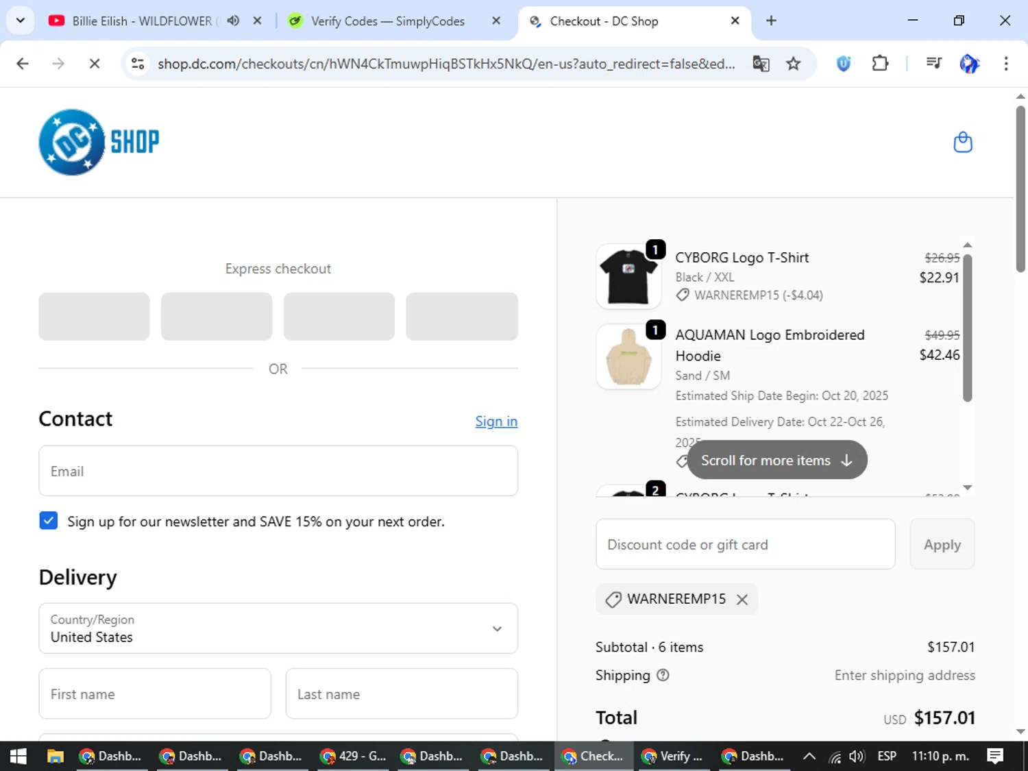 DC Shop discount code screenshot showing code WARNEREMP15 applied at DC Shop checkout page. Uploaded by SimplyCodes community member WiseHunter8213 on Oct 17, 2025