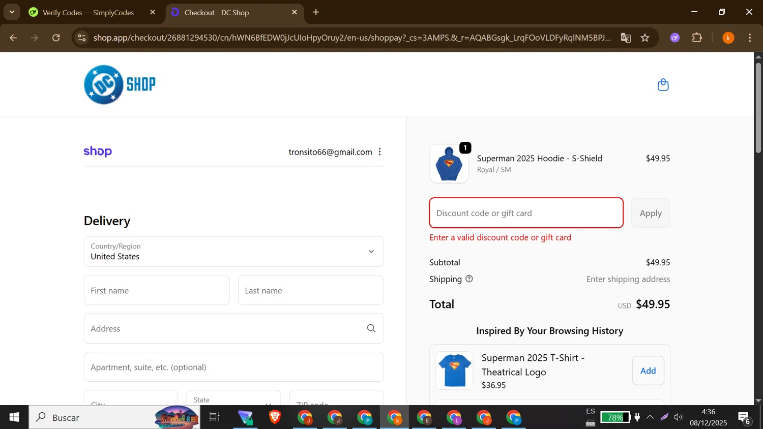 DC Shop discount code screenshot showing code BFCM30 applied at DC Shop checkout page. Uploaded by SimplyCodes community member MoneyShopper1883 on Dec 8, 2025