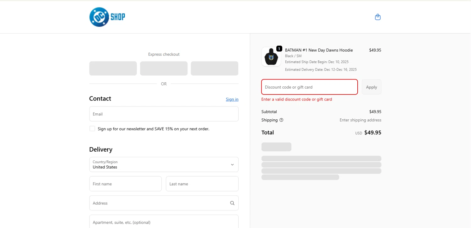 DC Shop discount code screenshot showing code BFCM30 applied at DC Shop checkout page. Uploaded by SimplyCodes community member kalltrom21 on Dec 8, 2025