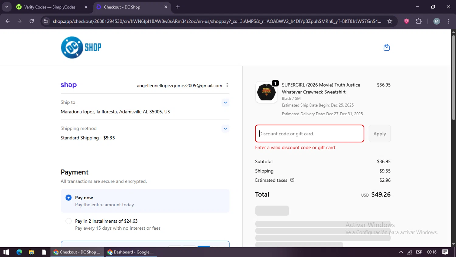 DC Shop discount code screenshot showing code FINAL25 applied at DC Shop checkout page. Uploaded by SimplyCodes community member maraxo on Dec 21, 2025