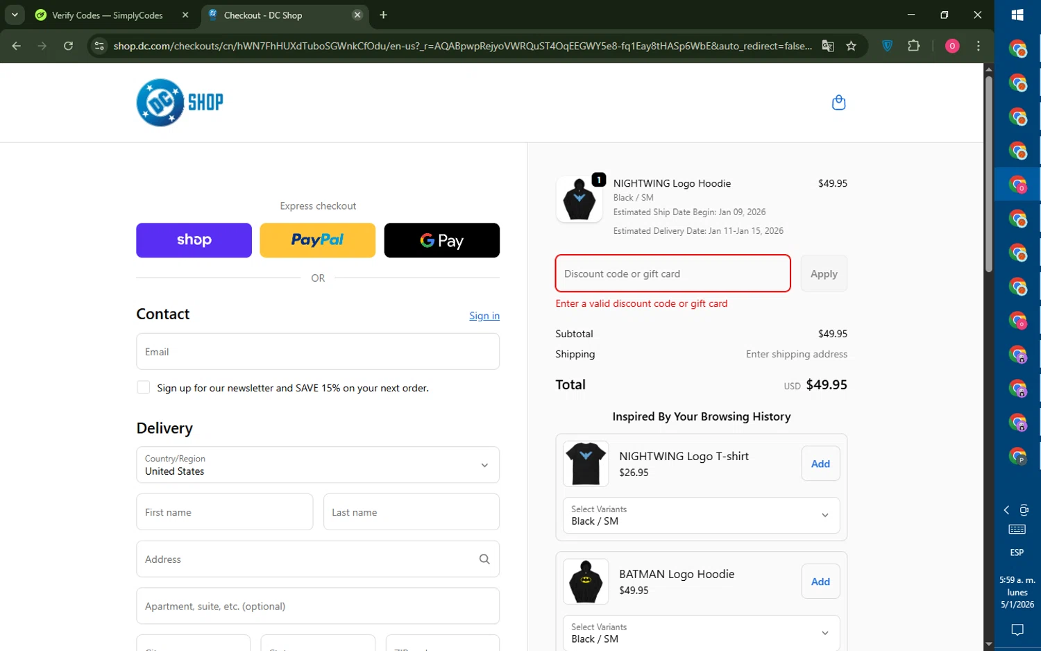 DC Shop discount code screenshot showing code NEWYEAR15 applied at DC Shop checkout page. Uploaded by SimplyCodes community member LegendaryRanger6350 on Jan 5, 2026