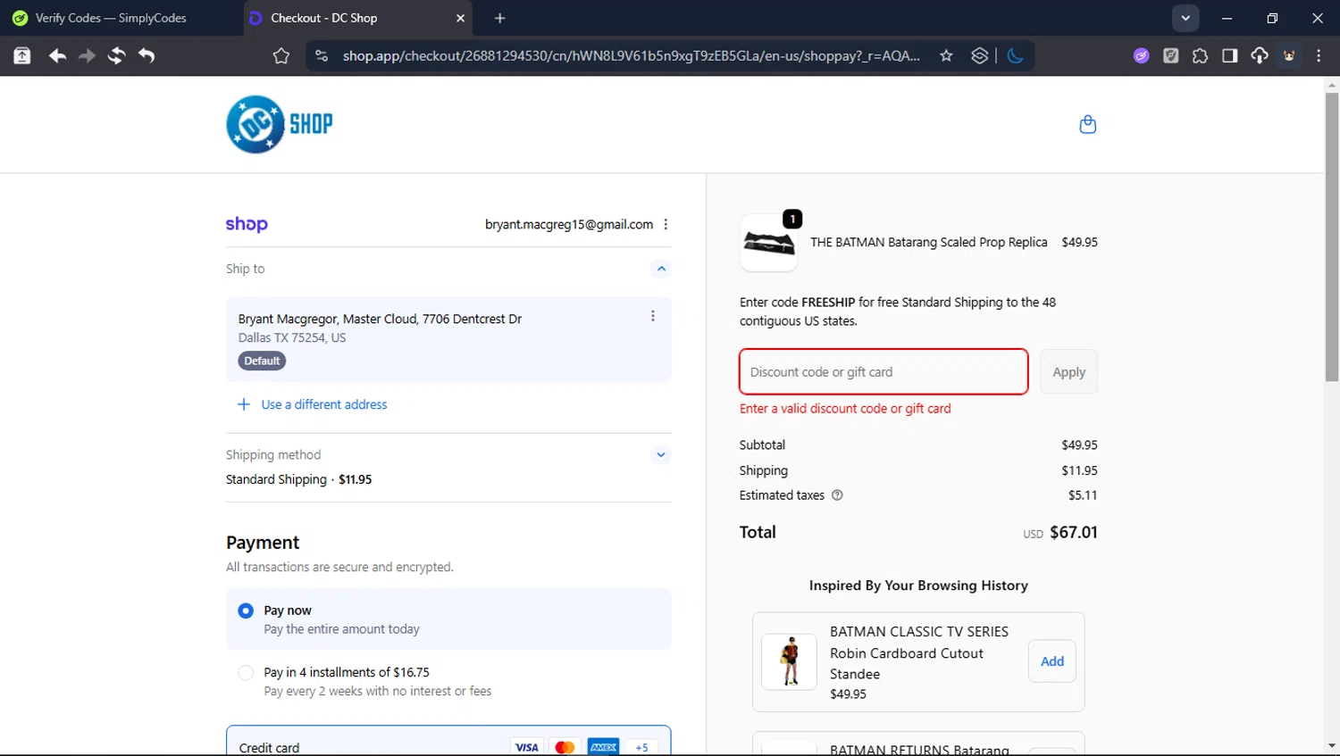 DC Shop discount code screenshot showing code FREESHIP applied at DC Shop checkout page. Uploaded by SimplyCodes community member USER_RANDON on Feb 3, 2026