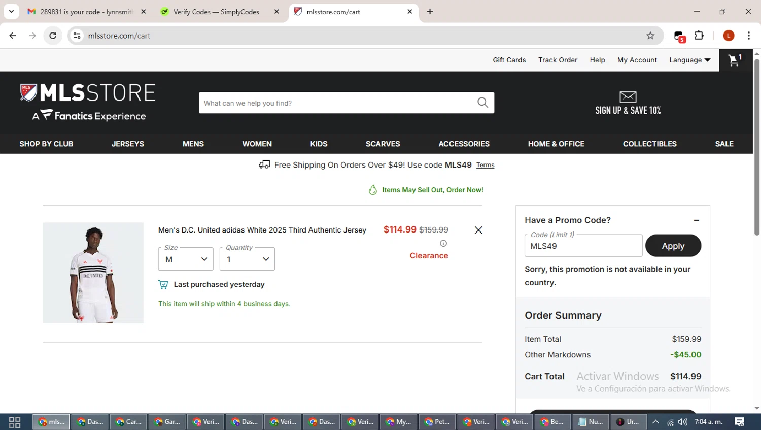 D.C. United checkout page showing D.C. United promo code box | Screenshot taken by SimplyCodes community member on Jan 9, 2026