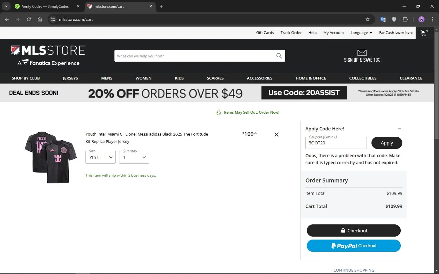 D.C. United promo code screenshot showing code boot20 applied at D.C. United checkout page. Uploaded by SimplyCodes community member CrownMaestro9486 on Jan 23, 2025