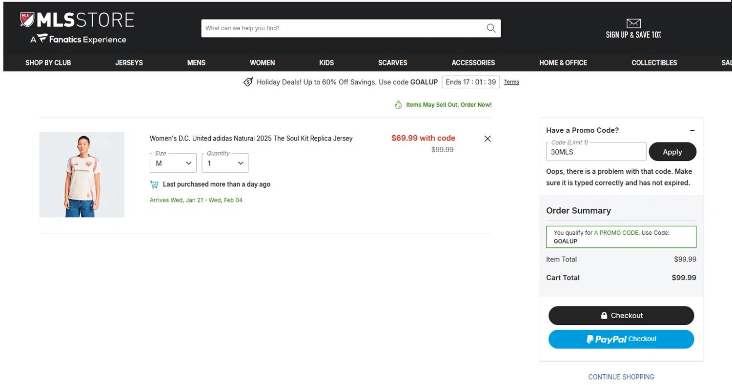 D.C. United promo code screenshot showing code 30MLS applied at D.C. United checkout page. Uploaded by SimplyCodes community member Handivlak on Dec 21, 2025