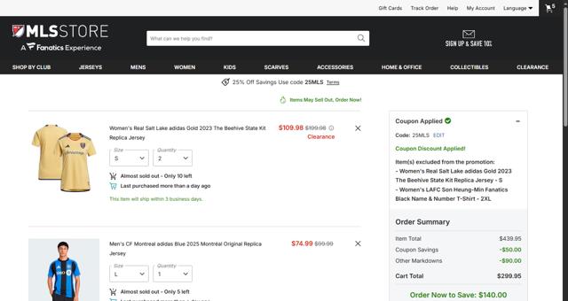 D.C. United checkout page showing D.C. United promo code box | Screenshot taken by SimplyCodes community member on Oct 4, 2025