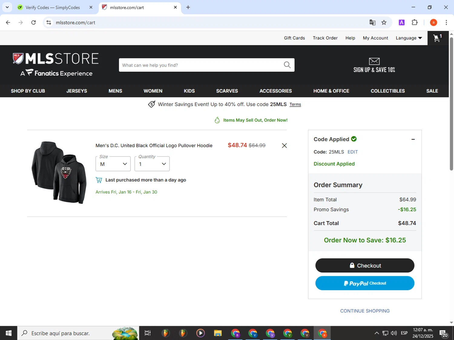 D.C. United promo code screenshot showing code 25mls applied at D.C. United checkout page. Uploaded by SimplyCodes community member partenalgas on Dec 24, 2025