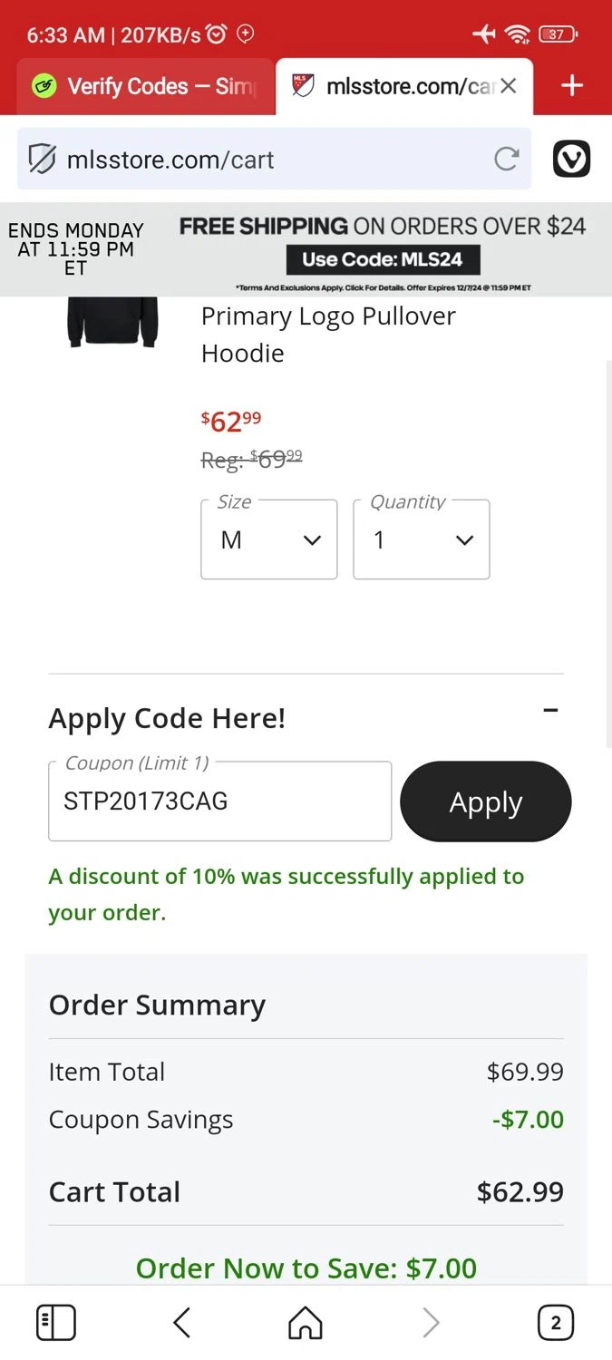 D.C. United promo code screenshot showing code STP20173CAG applied at D.C. United checkout page. Uploaded by SimplyCodes community member RoyalSage9159 on Jan 4, 2025