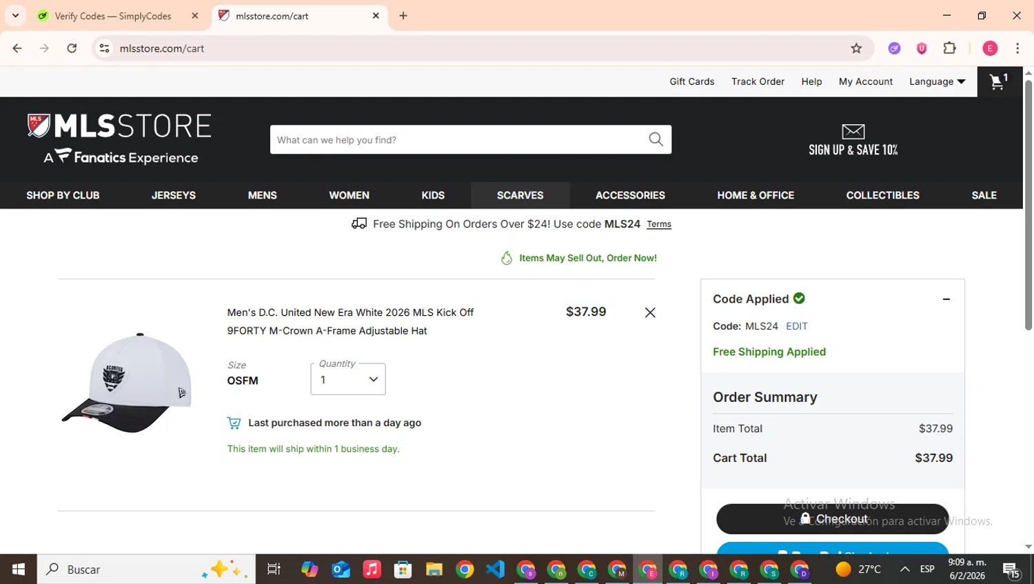 D.C. United promo code screenshot showing code MLS24 applied at D.C. United checkout page. Uploaded by SimplyCodes community member CouponHero7312 on Feb 6, 2026