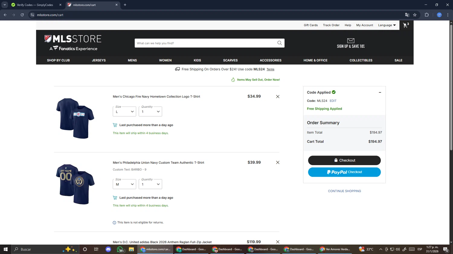 D.C. United checkout page showing D.C. United promo code box | Screenshot taken by SimplyCodes community member on Jan 31, 2026