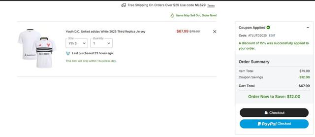 D.C. United checkout page showing D.C. United promo code box | Screenshot taken by SimplyCodes community member on Sep 16, 2025