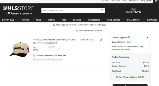 D.C. United checkout page showing D.C. United promo code box | Screenshot taken by SimplyCodes community member on Oct 2, 2025