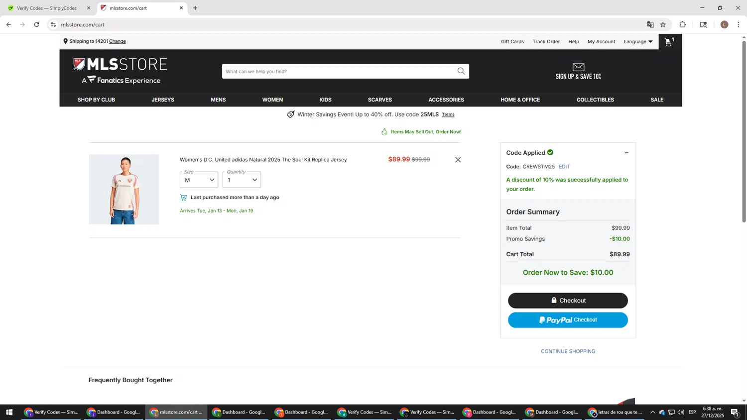 D.C. United checkout page showing D.C. United promo code box | Screenshot taken by SimplyCodes community member on Dec 27, 2025
