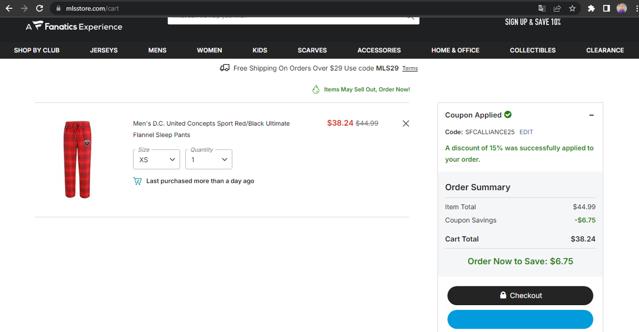 D.C. United checkout page showing D.C. United promo code box | Screenshot taken by SimplyCodes community member on Sep 16, 2025