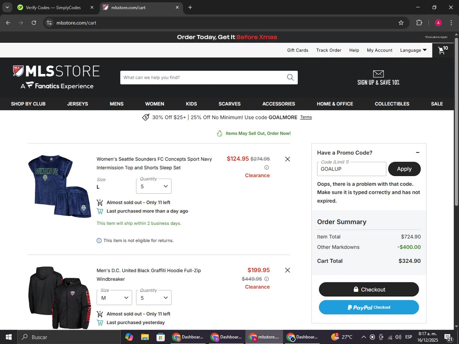 D.C. United promo code screenshot showing code GOALUP applied at D.C. United checkout page. Uploaded by SimplyCodes community member BMWGS1200 on Dec 16, 2025