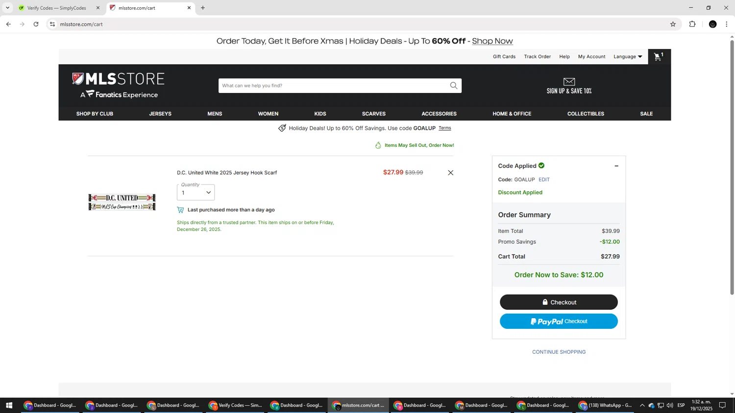 D.C. United promo code screenshot showing code GOALUP applied at D.C. United checkout page. Uploaded by SimplyCodes community member Salometta on Dec 19, 2025