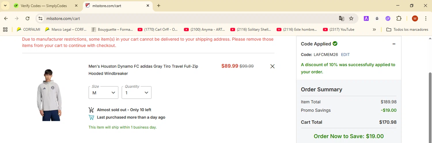 D.C. United checkout page showing D.C. United promo code box | Screenshot taken by SimplyCodes community member on Feb 20, 2026