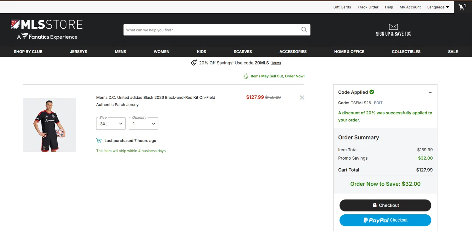 D.C. United checkout page showing D.C. United promo code box | Screenshot taken by SimplyCodes community member on Feb 25, 2026