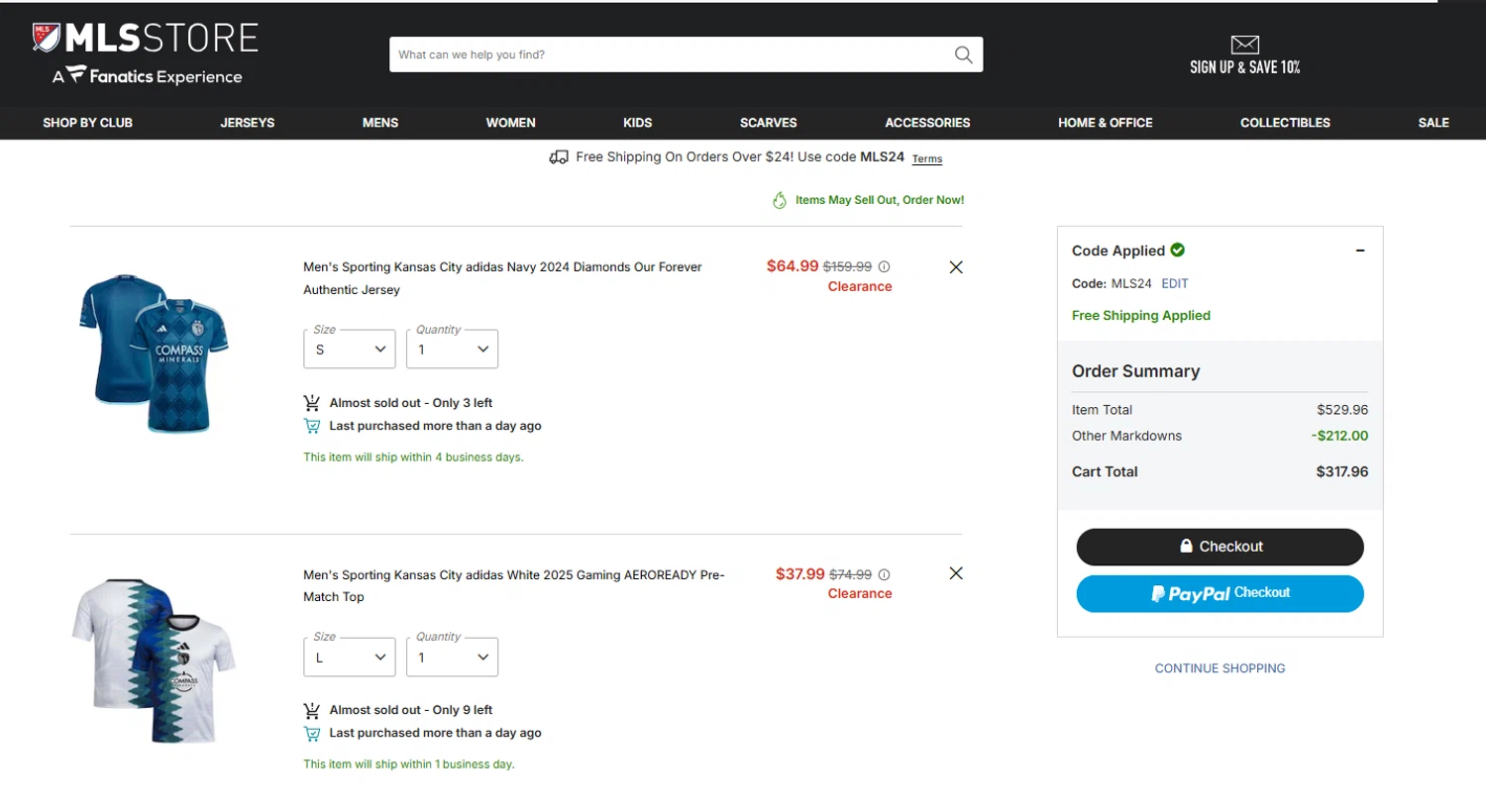 D.C. United promo code screenshot showing code MLS24 applied at D.C. United checkout page. Uploaded by SimplyCodes community member Dulce__ on Jan 31, 2026