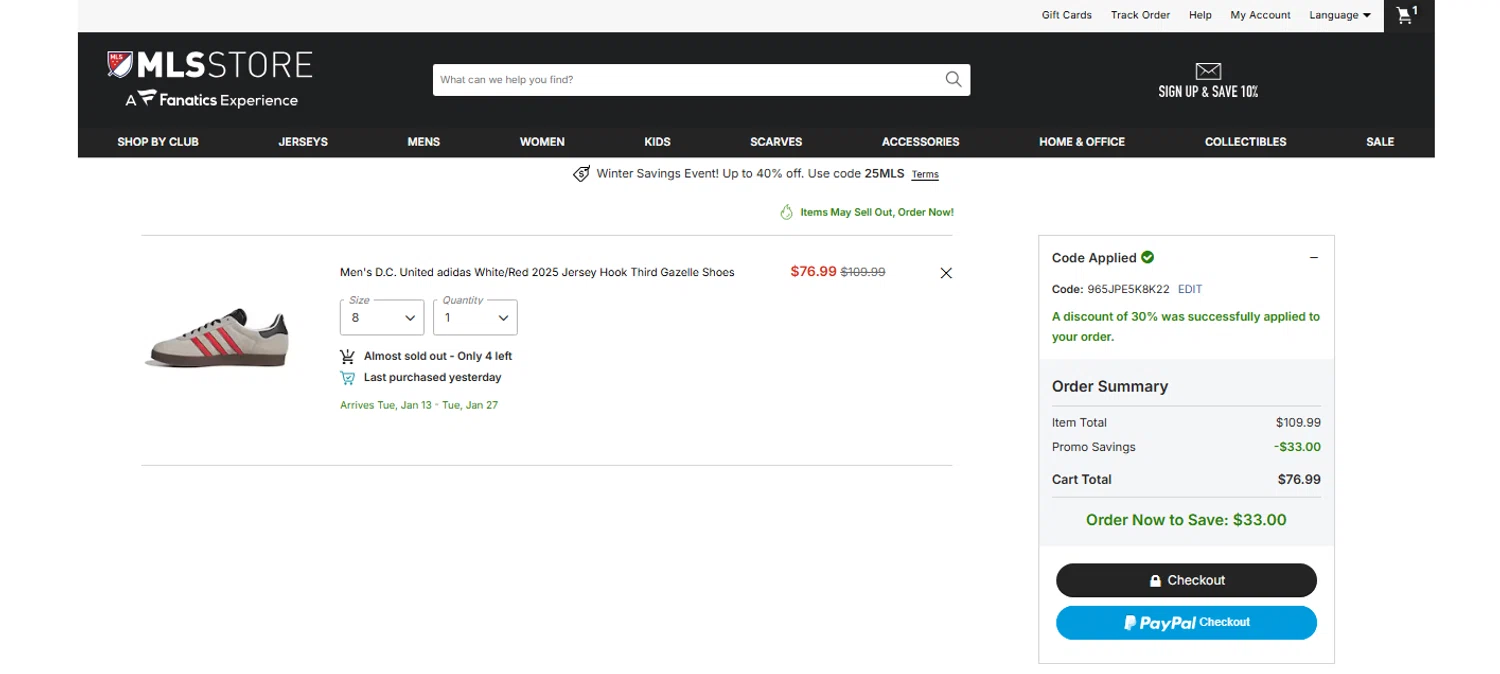 D.C. United promo code screenshot showing code 965JPE5K8K22 applied at D.C. United checkout page. Uploaded by SimplyCodes community member OnlywM on Dec 26, 2025