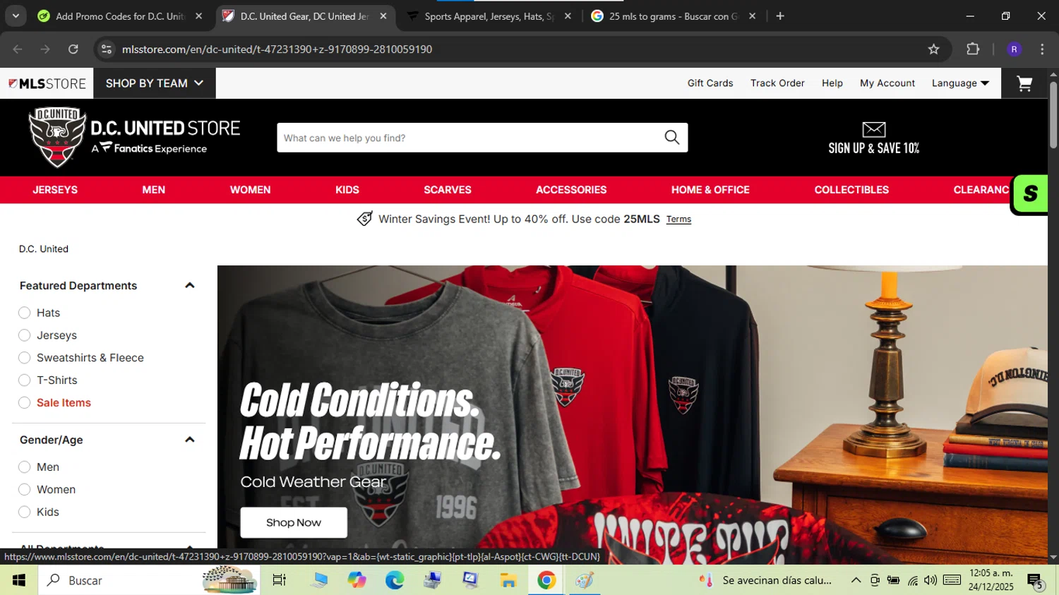 D.C. United promo code screenshot showing code 25MLS applied at D.C. United checkout page. Uploaded by SimplyCodes community member RAFV1111 on Dec 24, 2025