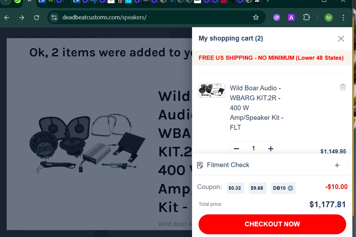 Deadbeat Customs coupon code screenshot showing code db10 applied at Deadbeat Customs checkout page. Uploaded by SimplyCodes community member MARCVH on Nov 9, 2025