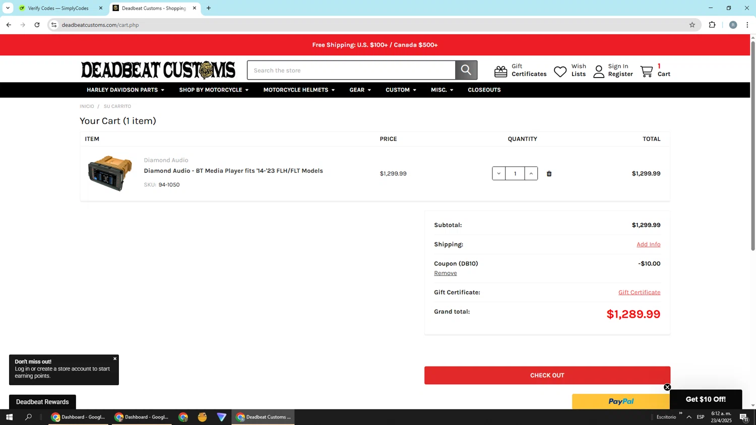 Deadbeat Customs coupon code screenshot showing code db10 applied at Deadbeat Customs checkout page. Uploaded by SimplyCodes community member Piolin on Apr 23, 2025