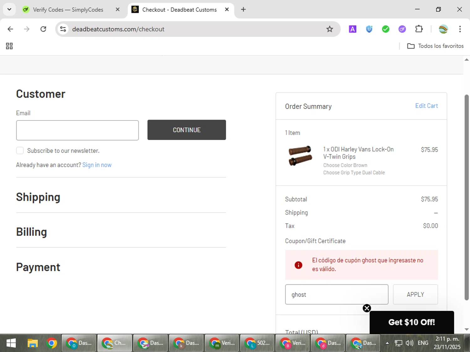 Deadbeat Customs coupon code screenshot showing code ghost applied at Deadbeat Customs checkout page. Uploaded by SimplyCodes community member CoinMaven5220 on Nov 23, 2025