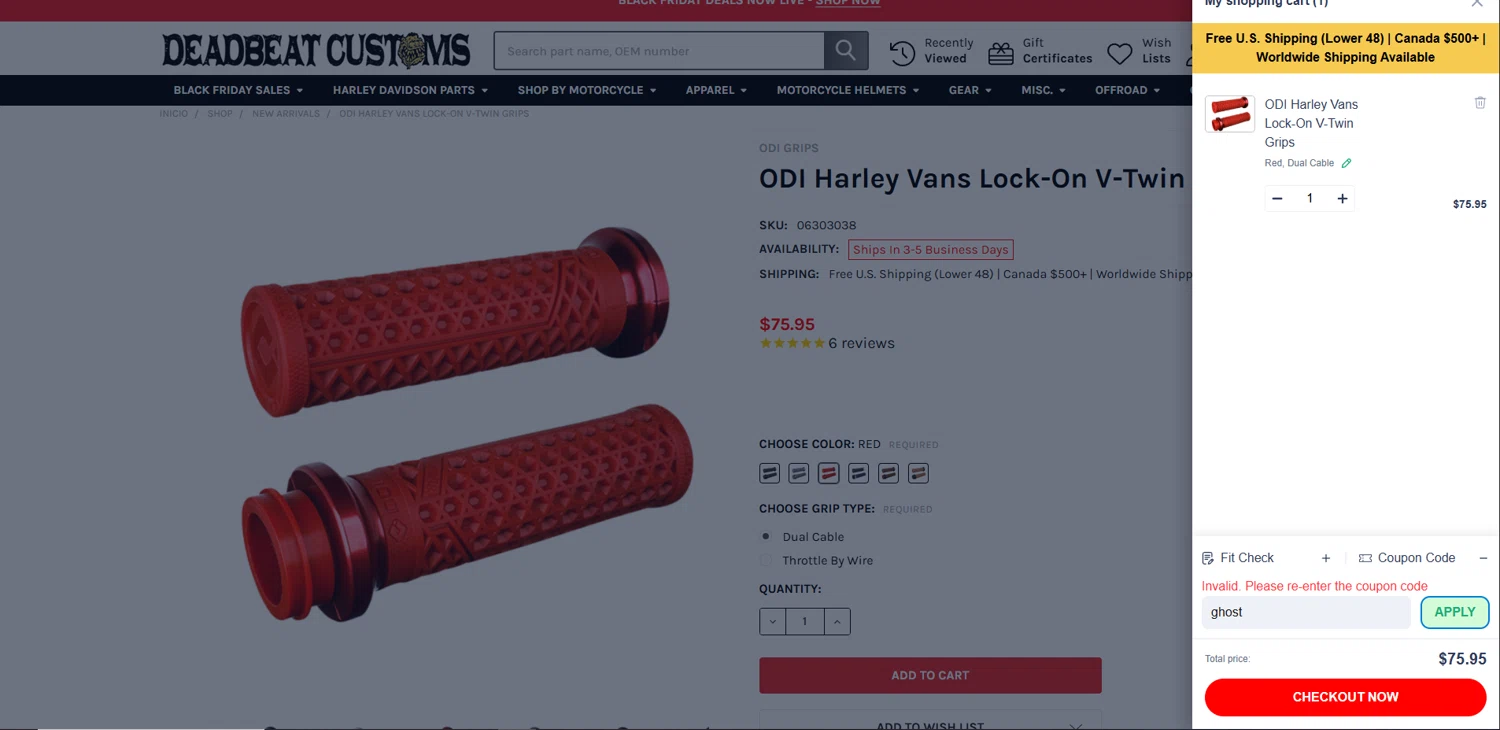 Deadbeat Customs coupon code screenshot showing code ghost applied at Deadbeat Customs checkout page. Uploaded by SimplyCodes community member Elosox on Nov 23, 2025