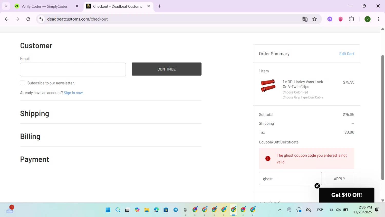 Deadbeat Customs coupon code screenshot showing code ghost applied at Deadbeat Customs checkout page. Uploaded by SimplyCodes community member GloriousExpert4976 on Nov 23, 2025
