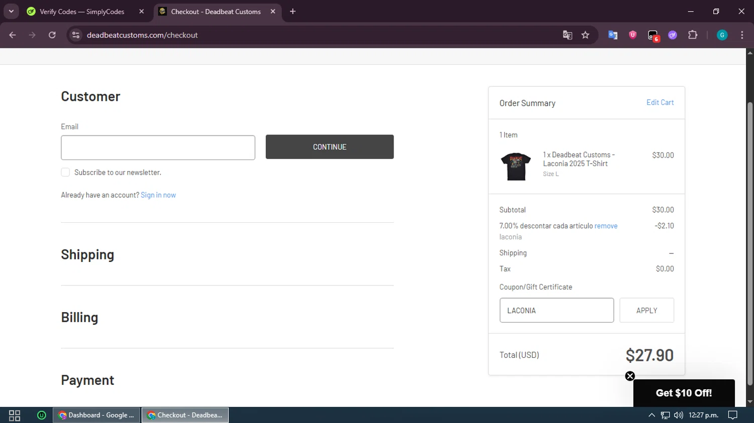 Deadbeat Customs checkout page showing Deadbeat Customs coupon code box | Screenshot taken by SimplyCodes community member on Jun 10, 2025