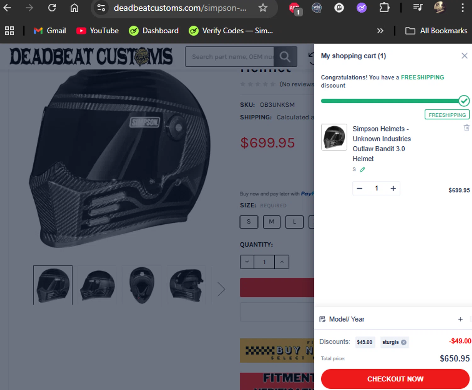 Deadbeat Customs checkout page showing Deadbeat Customs coupon code box | Screenshot taken by SimplyCodes community member on Jul 29, 2025