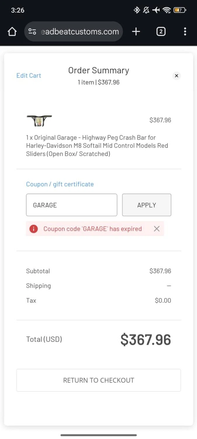 Deadbeat Customs coupon code screenshot showing code GARAGE applied at Deadbeat Customs checkout page. Uploaded by SimplyCodes community member RoyalSpotter5217 on Feb 9, 2026