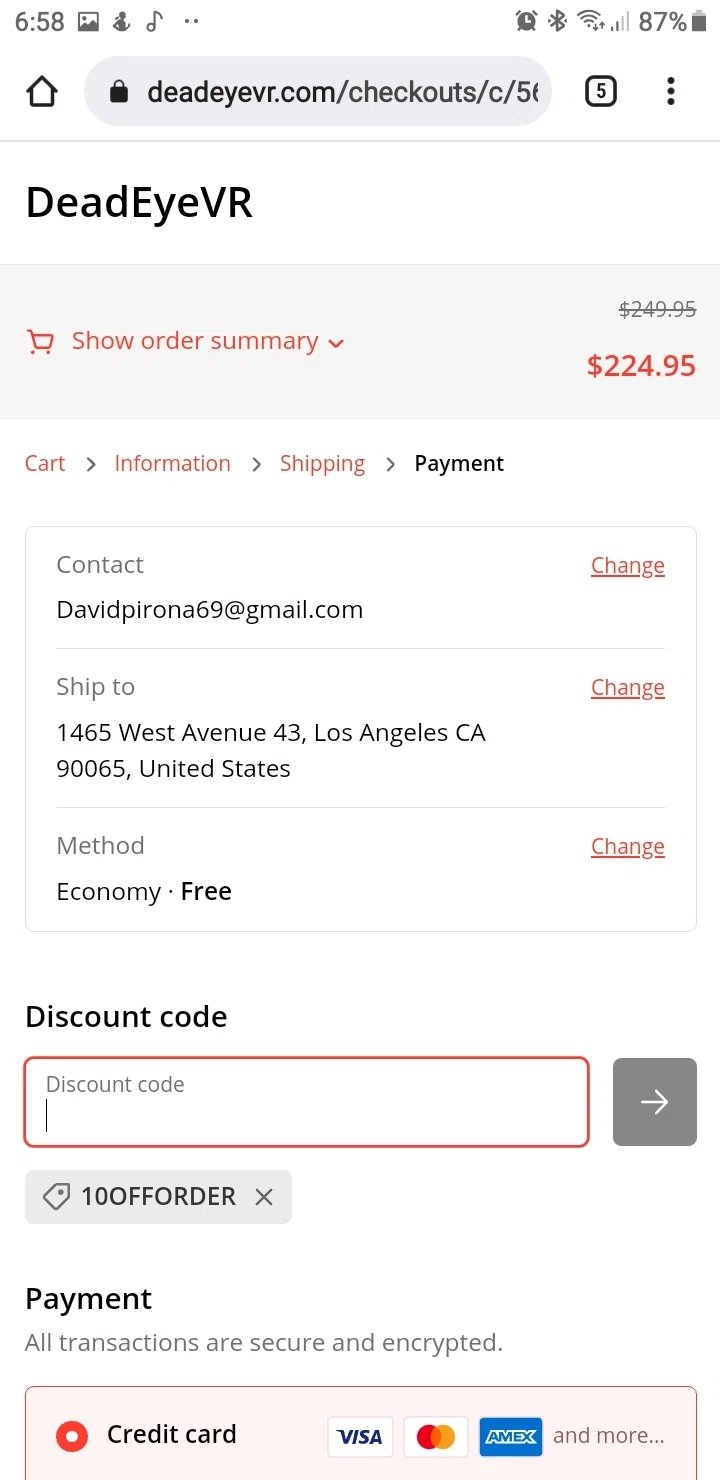 DeadEyeVR checkout page showing DeadEyeVR discount code box | Screenshot taken by SimplyCodes community member on May 12, 2023