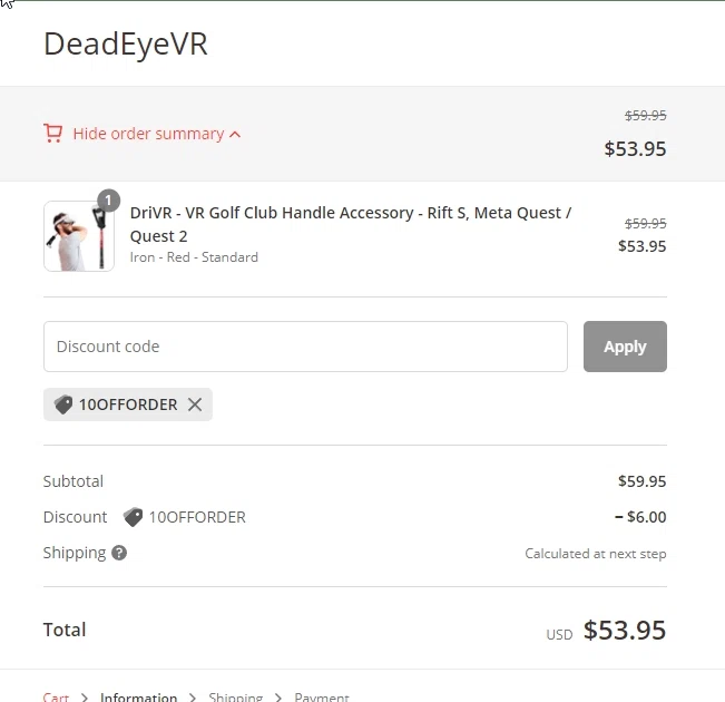DeadEyeVR checkout page showing DeadEyeVR discount code box | Screenshot taken by SimplyCodes community member on Oct 24, 2022