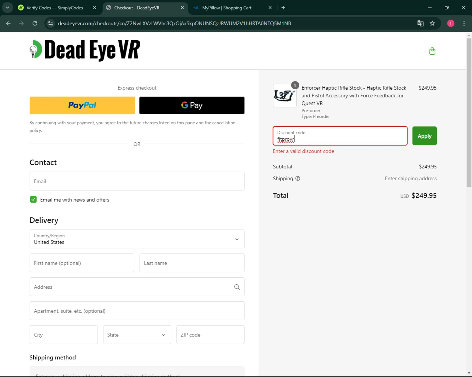 DeadEyeVR discount code screenshot showing code fitprovr applied at DeadEyeVR checkout page. Uploaded by SimplyCodes community member BargainSeeker9964 on Jan 28, 2025