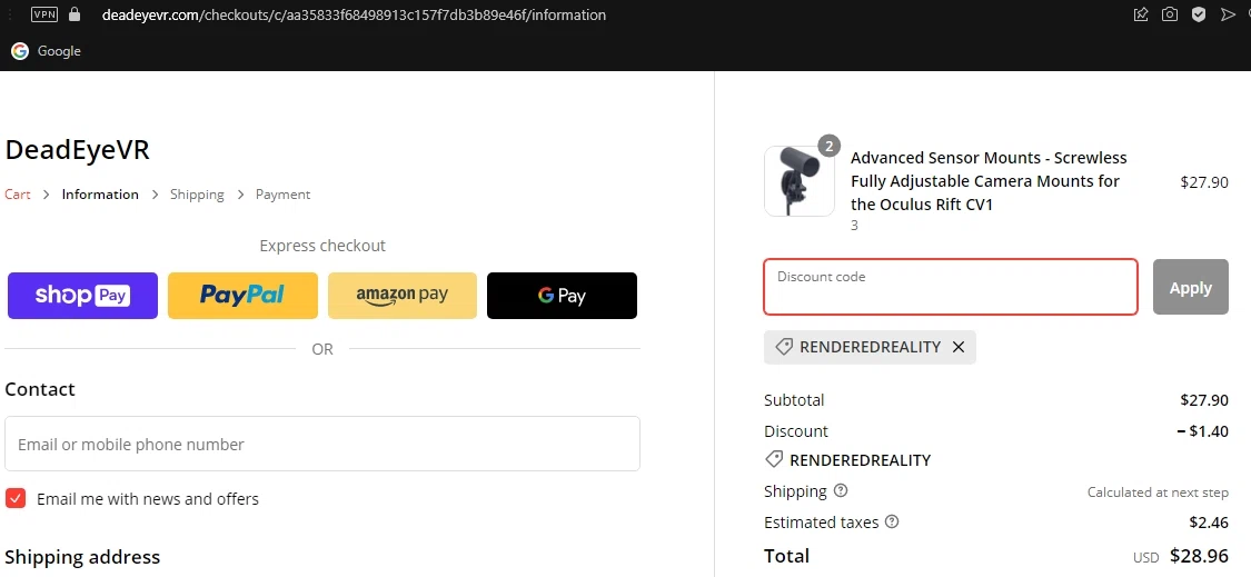 DeadEyeVR checkout page showing DeadEyeVR discount code box | Screenshot taken by SimplyCodes community member on Jun 10, 2023