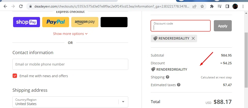 DeadEyeVR checkout page showing DeadEyeVR discount code box | Screenshot taken by SimplyCodes community member on Mar 15, 2023