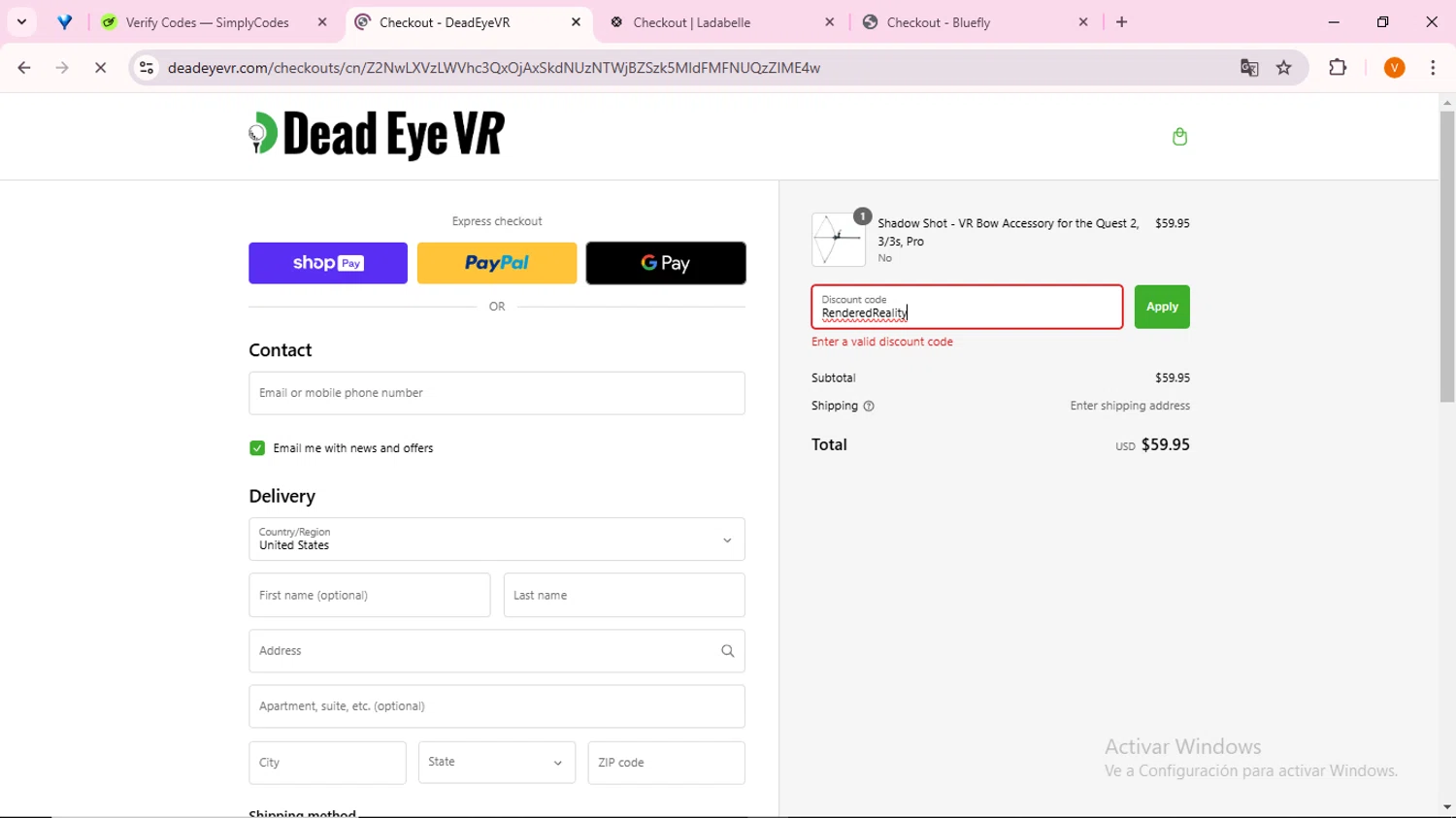 DeadEyeVR discount code screenshot showing code RenderedReality applied at DeadEyeVR checkout page. Uploaded by SimplyCodes community member FortunateFinder9465 on Jan 3, 2025