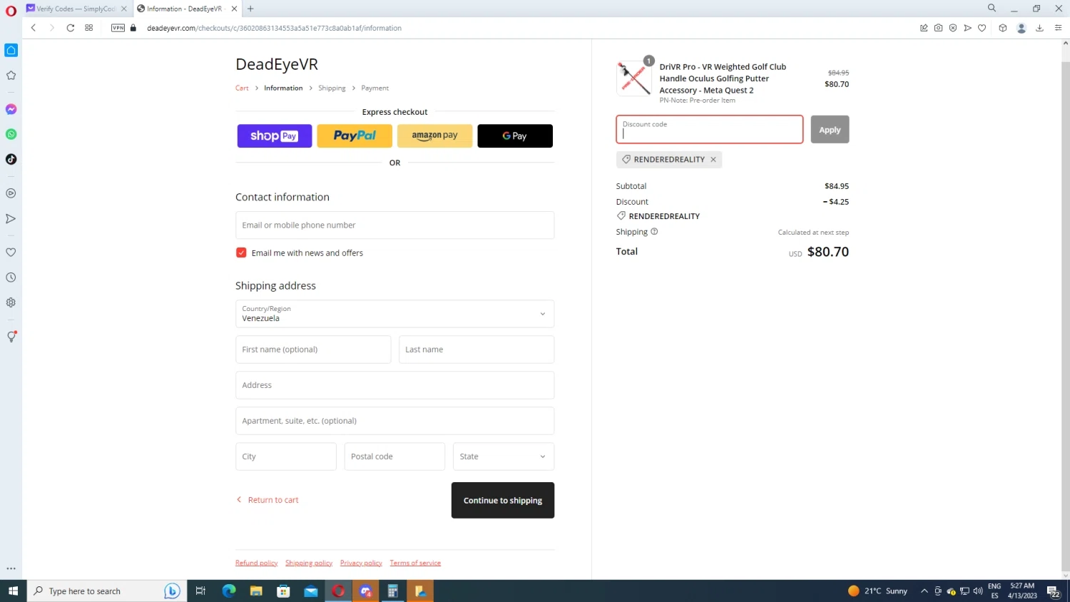 DeadEyeVR checkout page showing DeadEyeVR discount code box | Screenshot taken by SimplyCodes community member on Apr 13, 2023