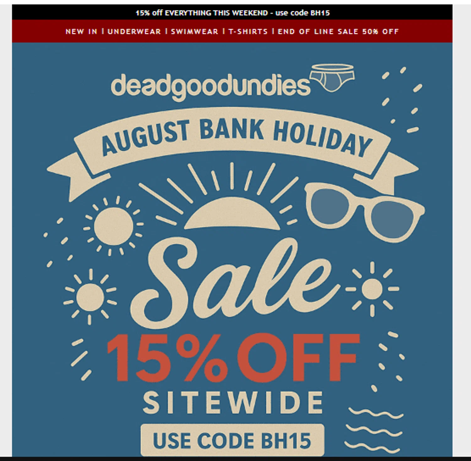DeadGoodUndies promo code screenshot showing code BH15 applied at DeadGoodUndies checkout page. Uploaded by SimplyCodes community member _____________________________ on Aug 22, 2025