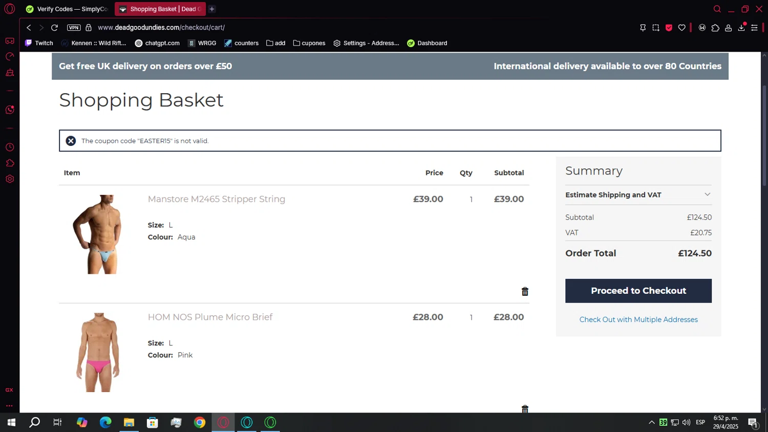 DeadGoodUndies promo code screenshot showing code EASTER15 applied at DeadGoodUndies checkout page. Uploaded by SimplyCodes community member Chukaflu on Apr 29, 2025
