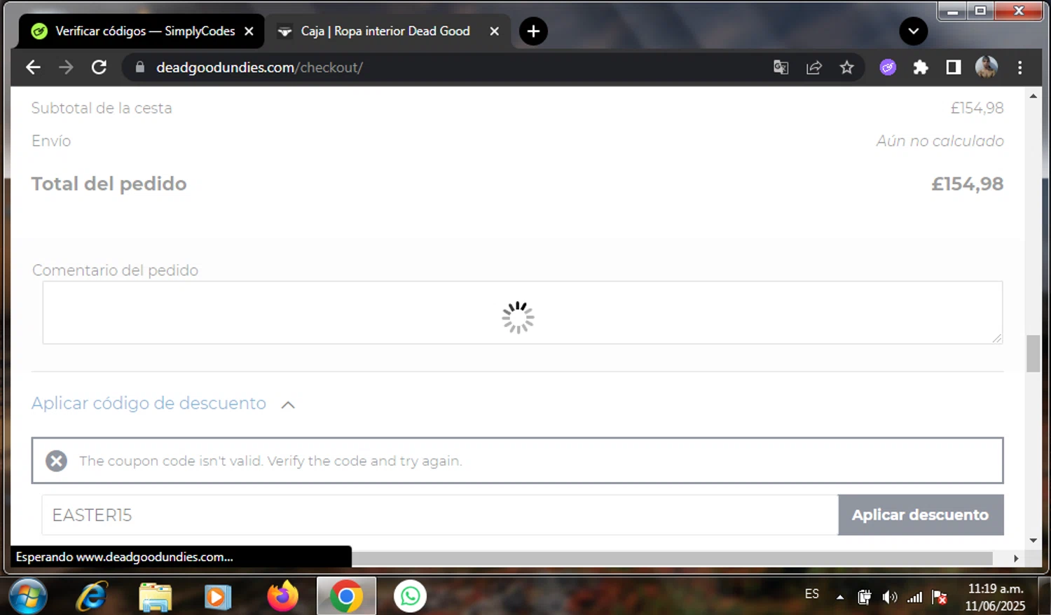 DeadGoodUndies promo code screenshot showing code EASTER15 applied at DeadGoodUndies checkout page. Uploaded by SimplyCodes community member enmanuelhernandezRodriguez on Jun 11, 2025