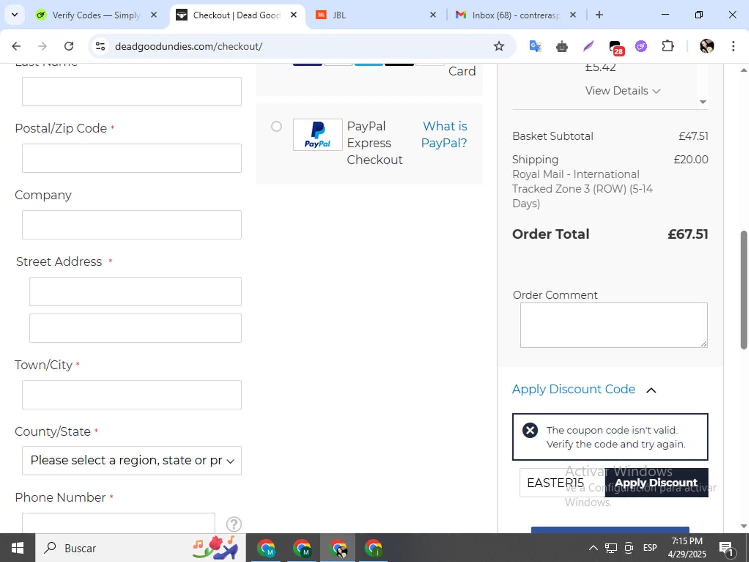 DeadGoodUndies promo code screenshot showing code EASTER15 applied at DeadGoodUndies checkout page. Uploaded by SimplyCodes community member mariapolancog on Apr 29, 2025