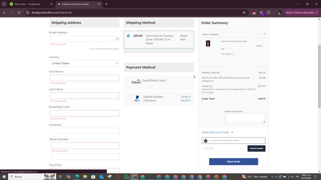 DeadGoodUndies checkout page showing DeadGoodUndies promo code box | Screenshot taken by SimplyCodes community member on Oct 26, 2024