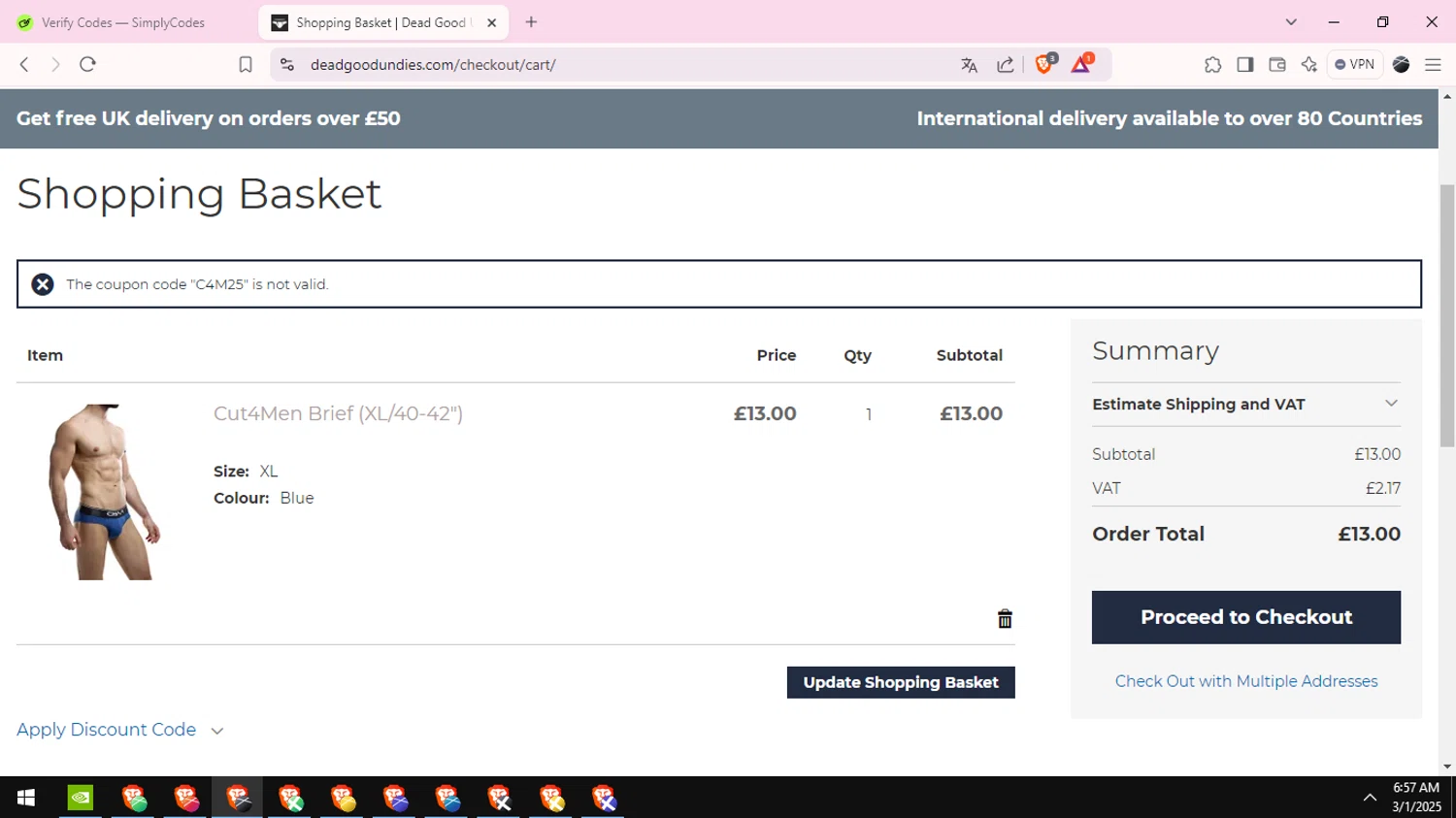DeadGoodUndies promo code screenshot showing code C4M25 applied at DeadGoodUndies checkout page. Uploaded by SimplyCodes community member EpicTiger6039 on Mar 1, 2025