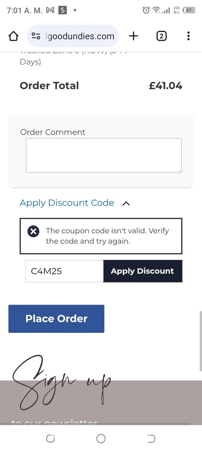 DeadGoodUndies promo code screenshot showing code C4M25 applied at DeadGoodUndies checkout page. Uploaded by SimplyCodes community member CoinBoss7109 on Mar 1, 2025